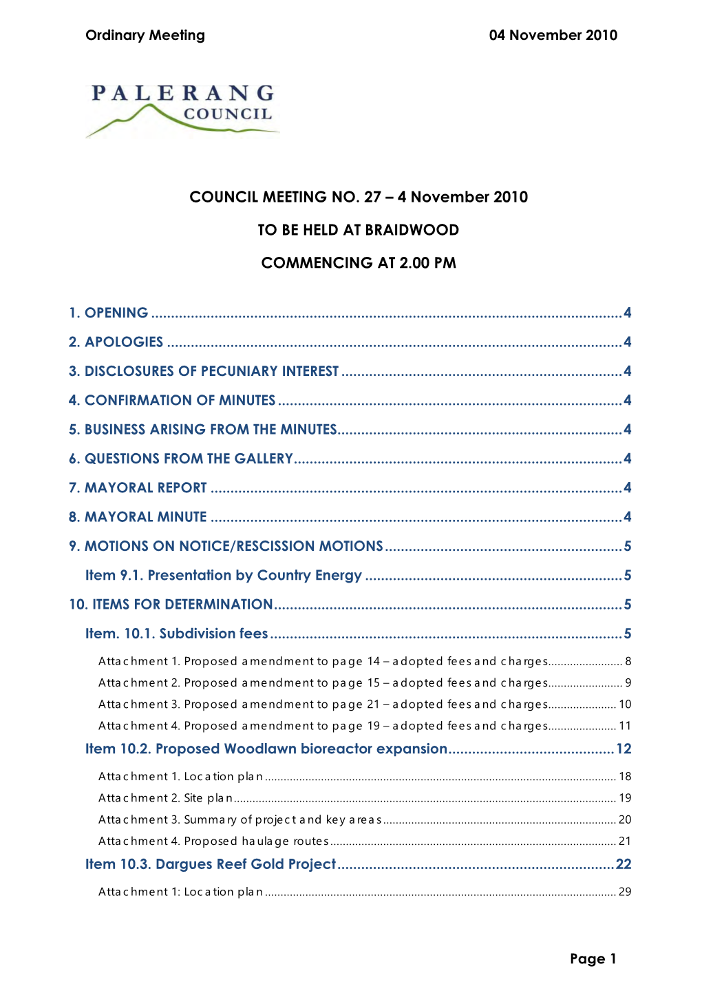 COUNCIL MEETING NO. 27 – 4 November 2010 to BE HELD AT