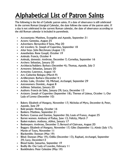 Alphabetical List of Patron Saints the Following Is the List of Catholic Patron Saints