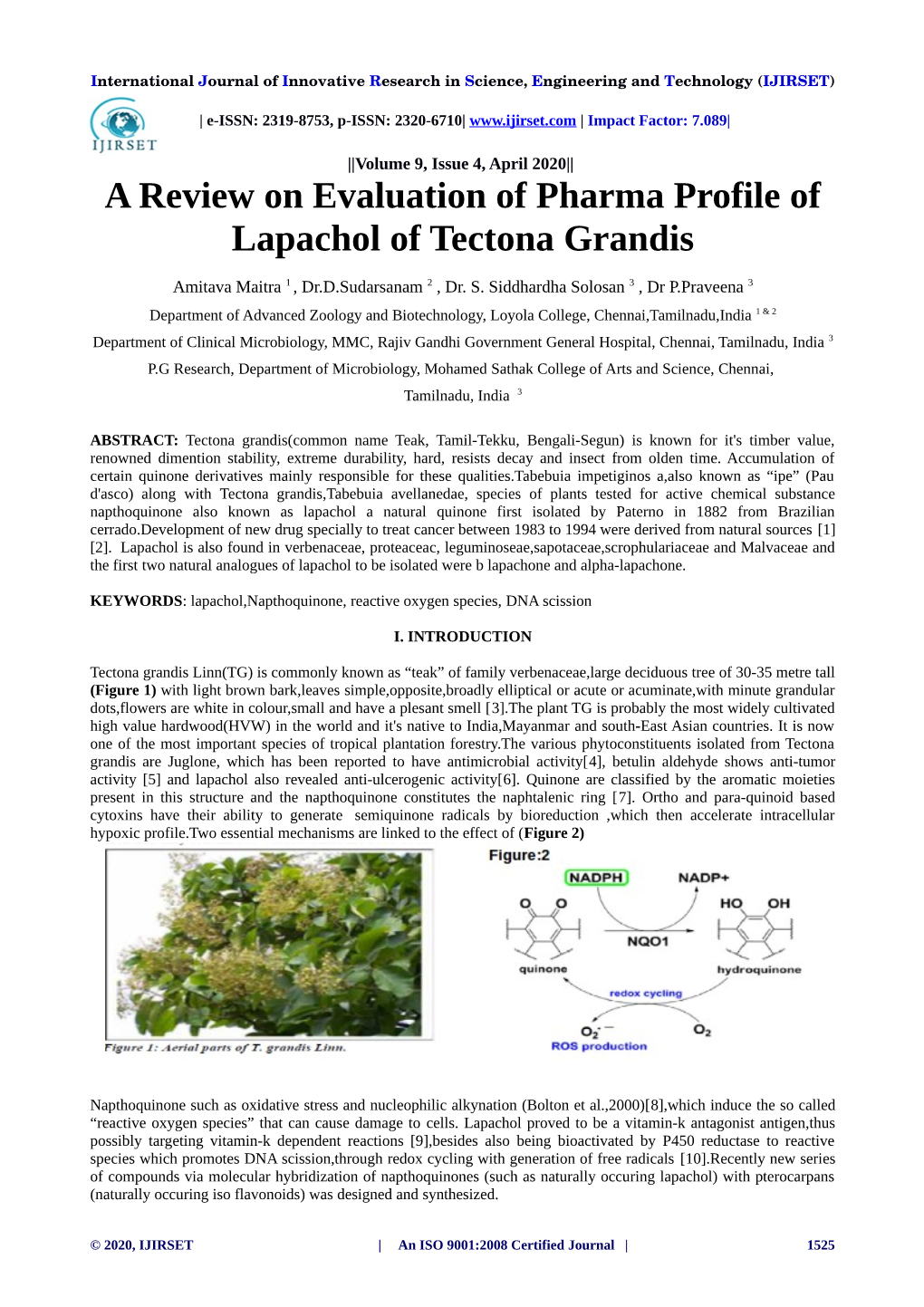 A Review on Evaluation of Pharma Profile of Lapachol of Tectona Grandis