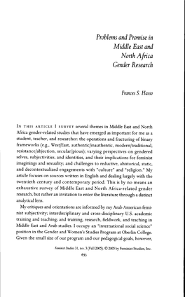 Problems and Promise in Middle East and North Africa Gender Research