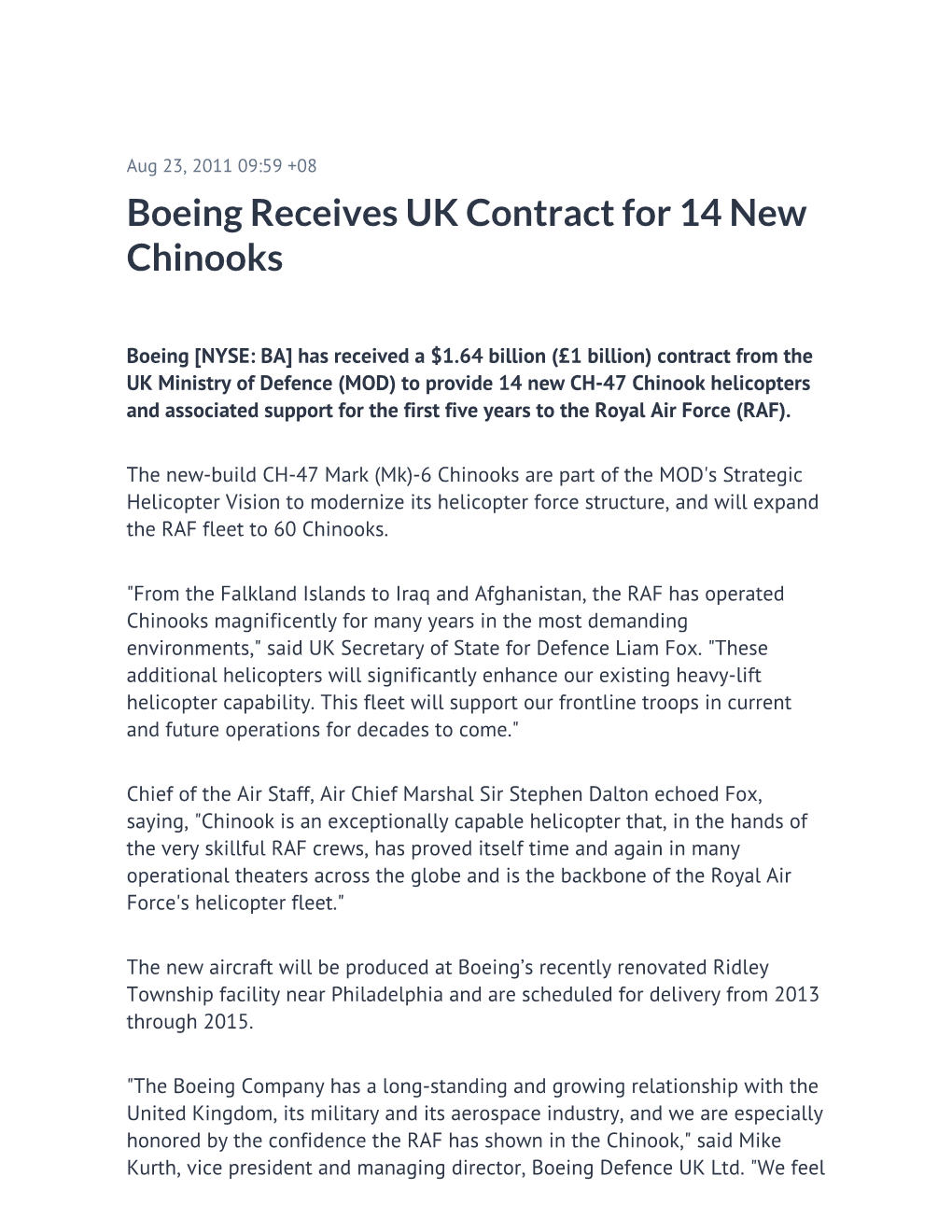 Boeing Receives UK Contract for 14 New Chinooks