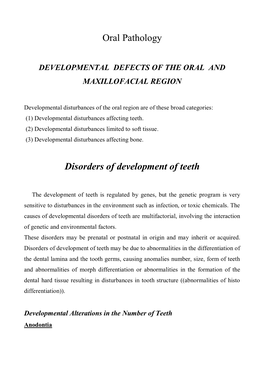 Oral Pathology Disorders of Development of Teeth