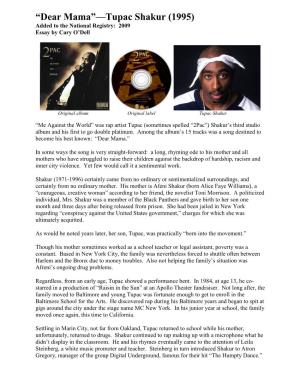 Dear Mama”—Tupac Shakur (1995) Added to the National Registry: 2009 Essay by Cary O’Dell