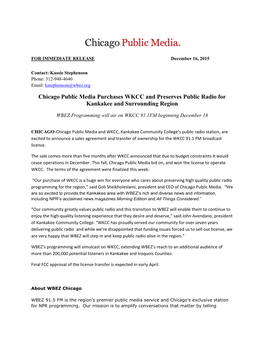 Chicago Public Media Purchases WKCC and Preserves Public Radio for Kankakee and Surrounding Region