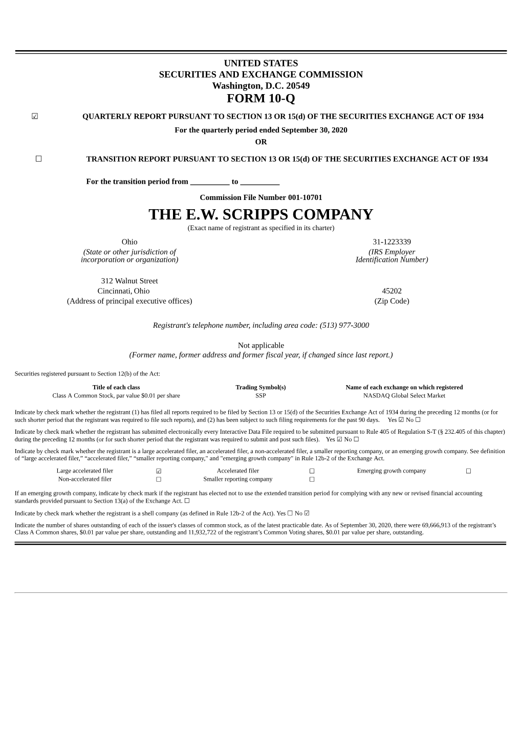 FORM 10-Q ☑ QUARTERLY REPORT PURSUANT to SECTION 13 OR 15(D) of the SECURITIES EXCHANGE ACT of 1934 for the Quarterly Period Ended September 30, 2020 OR