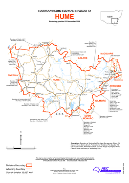 Commonwealth Electoral Division of HUME NSW Boundary Gazetted 22 December 2009