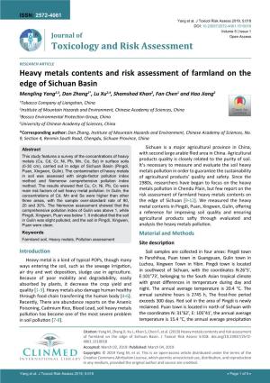 Heavy Metals Contents and Risk Assessment of Farmland on the Edge of Sichuan Basin