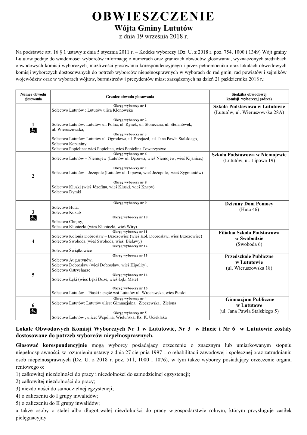 OBWIESZCZENIE Wójta Gminy Lututów Z Dnia 19 Września 2018 R