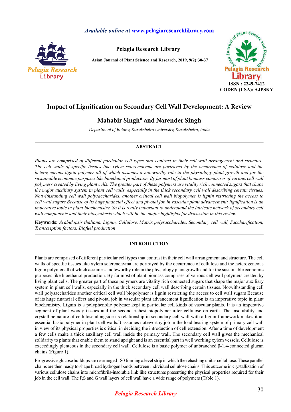 Impact of Lignification on Secondary Cell Wall Development: a Review