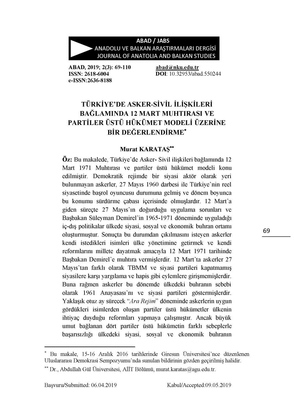 Türkiye'de Asker-Sivil Ilişkileri Bağlaminda 12 Mart