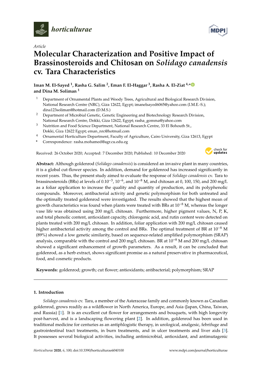 Molecular Characterization and Positive Impact of Brassinosteroids and Chitosan on Solidago Canadensis Cv