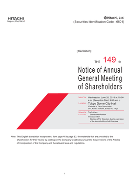 Notice of the 149Th Annual General Meeting of Shareholders