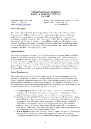 Feminist Research Methods Women & Gender Studies 392 Fall 2007