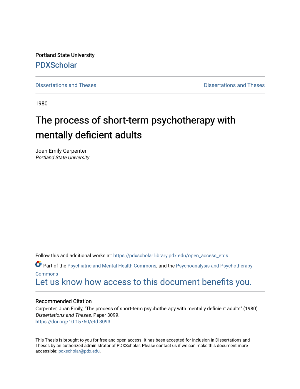 The Process of Short-Term Psychotherapy with Mentally Deficient Adults