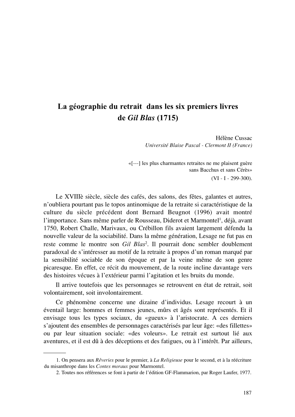 La Géographie Du Retrait Dans Les Six Premiers Livres De Gil Blas (1715)