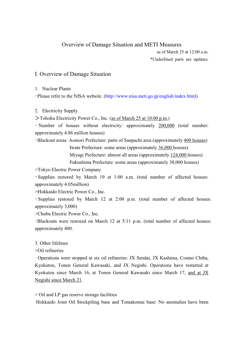 Overview of Damage Situation and METI Measures I. Overview Of