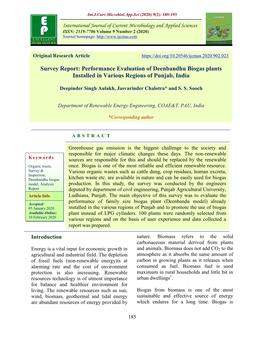 Performance Evaluation of Deenbandhu Biogas Plants Installed in Various Regions of Punjab, India