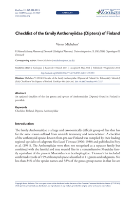 Diptera) of Finland 369 Doi: 10.3897/Zookeys.441.7527 CHECKLIST Launched to Accelerate Biodiversity Research