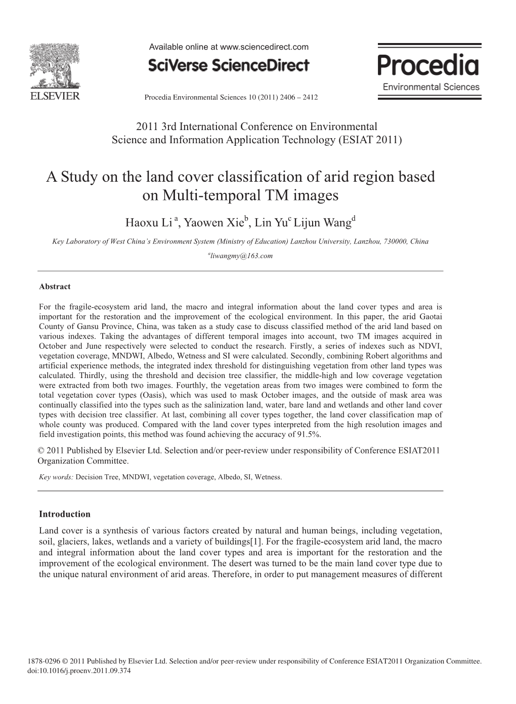 A Study on the Land Cover Classification of Arid Region Based on Multi-Temporal TM Images