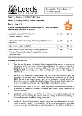 The Implications of Academies for the Leeds Children's Services and Education in General PDF 317 KB