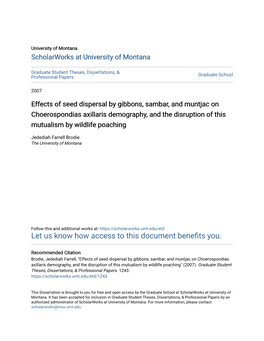 Effects of Seed Dispersal by Gibbons, Sambar, and Muntjac on Choerospondias Axillaris Demography, and the Disruption of This Mutualism by Wildlife Poaching