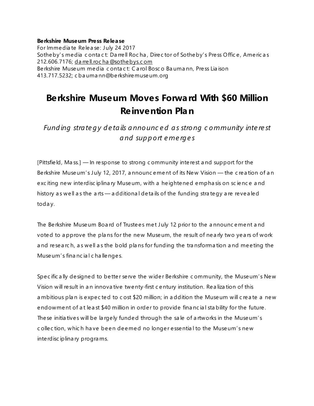 Berkshire Museum Announces Details of New Vision