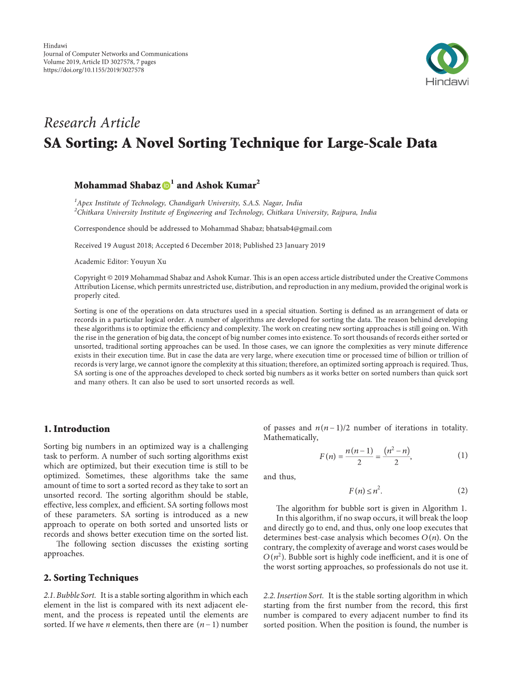 SA Sorting: a Novel Sorting Technique for Large-Scale Data