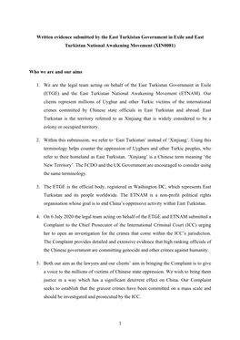 Written Evidence Submitted by the East Turkistan Government in Exile and East Turkistan National Awakening Movement (XIN0081)