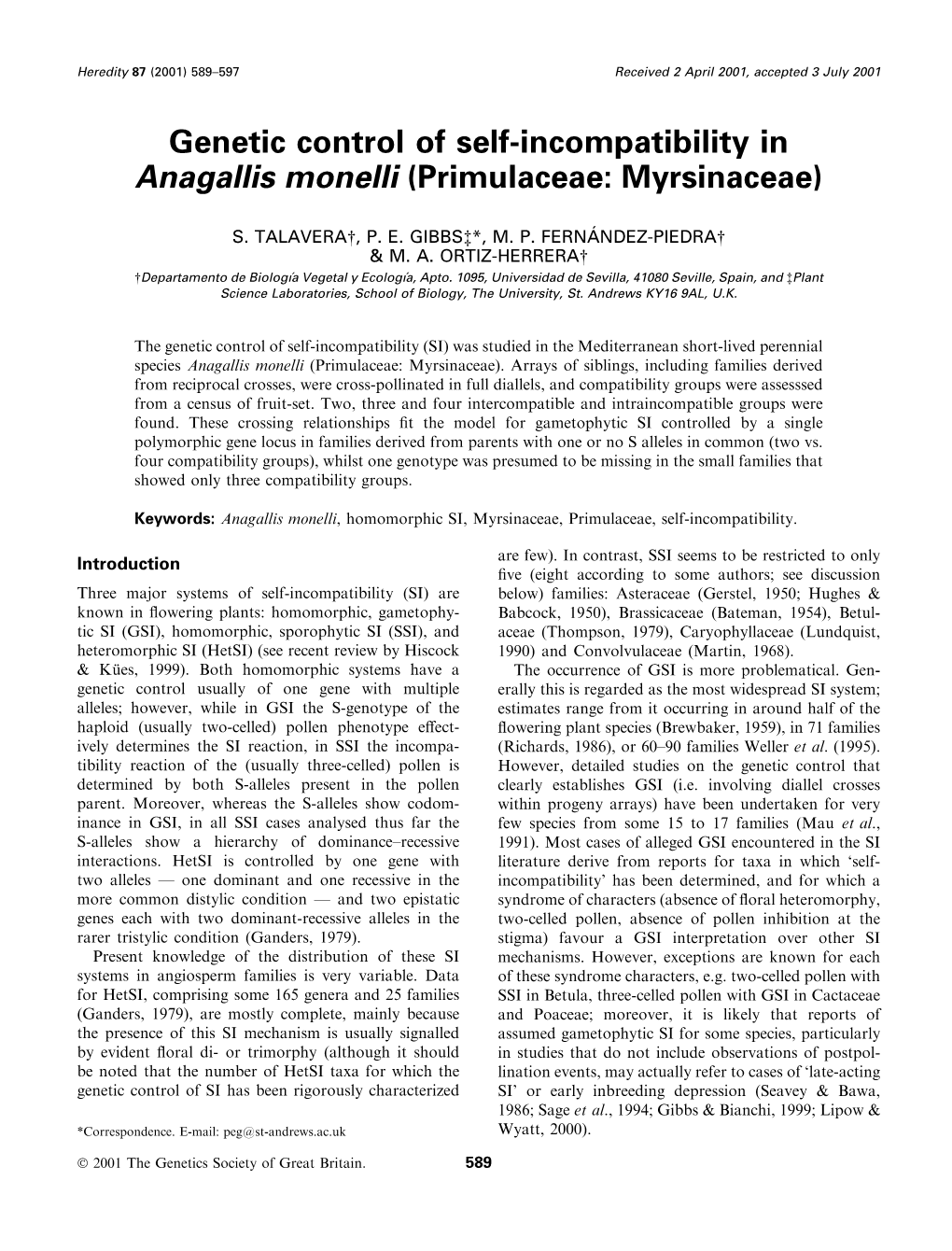 Genetic Control of Self-Incompatibility in Anagallis Monelli (Primulaceae: Myrsinaceae)