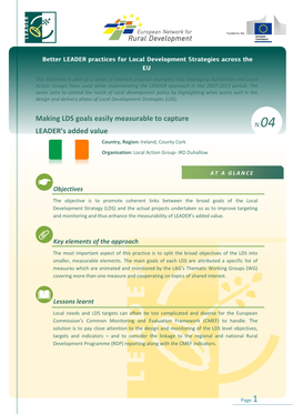 Making LDS Goals Easily Measurable to Capture N.04 LEADER’S Added Value Country, Region: Ireland, County Cork Organisation: Local Action Group- IRD Duhallow