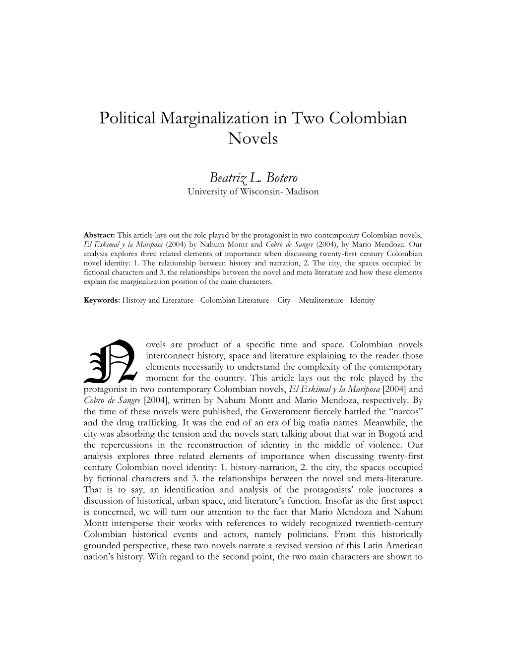 Political Marginalization in Two Colombian Novels