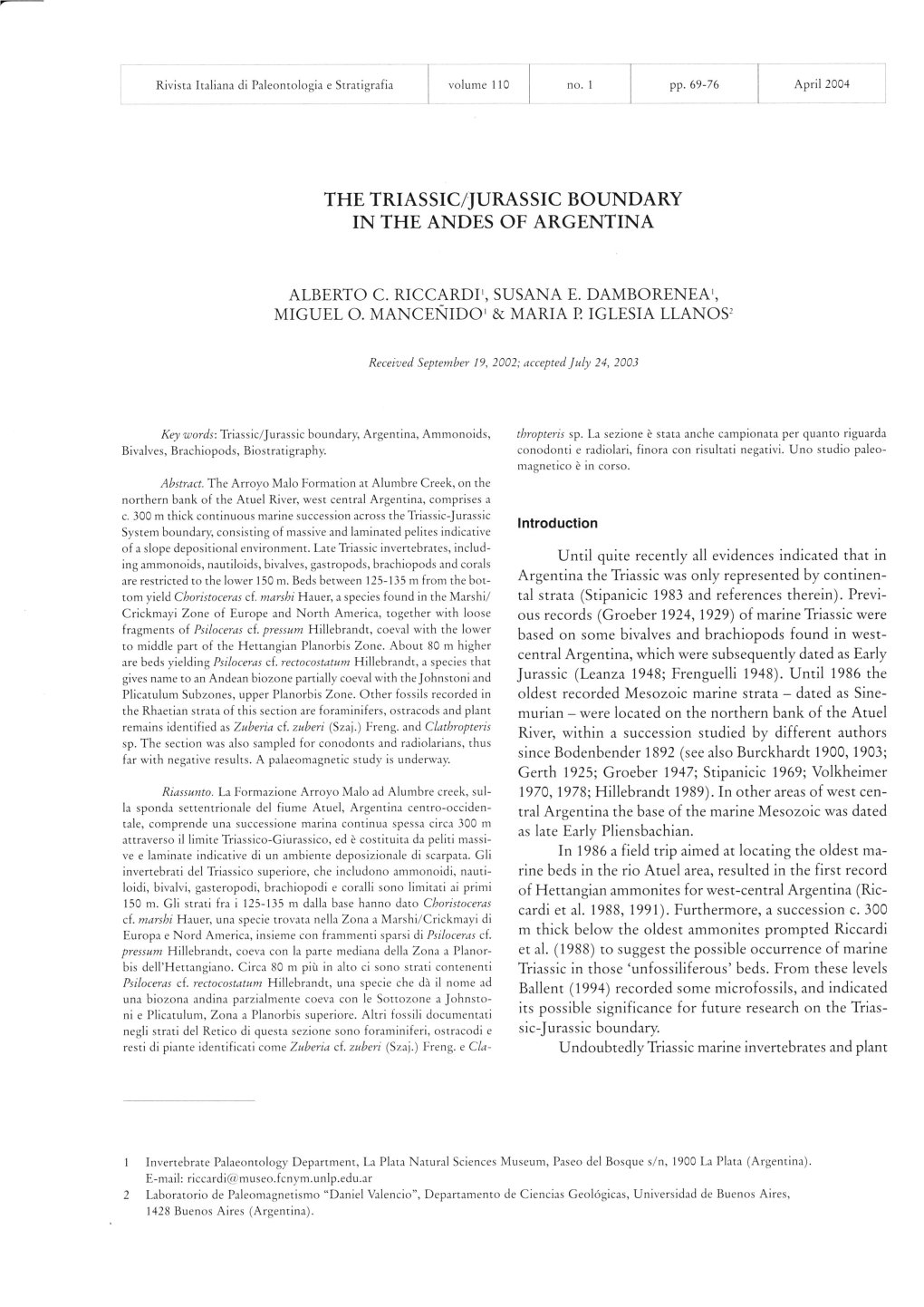 The Triassic/Jurassic Boundary in the Andes of Argentina