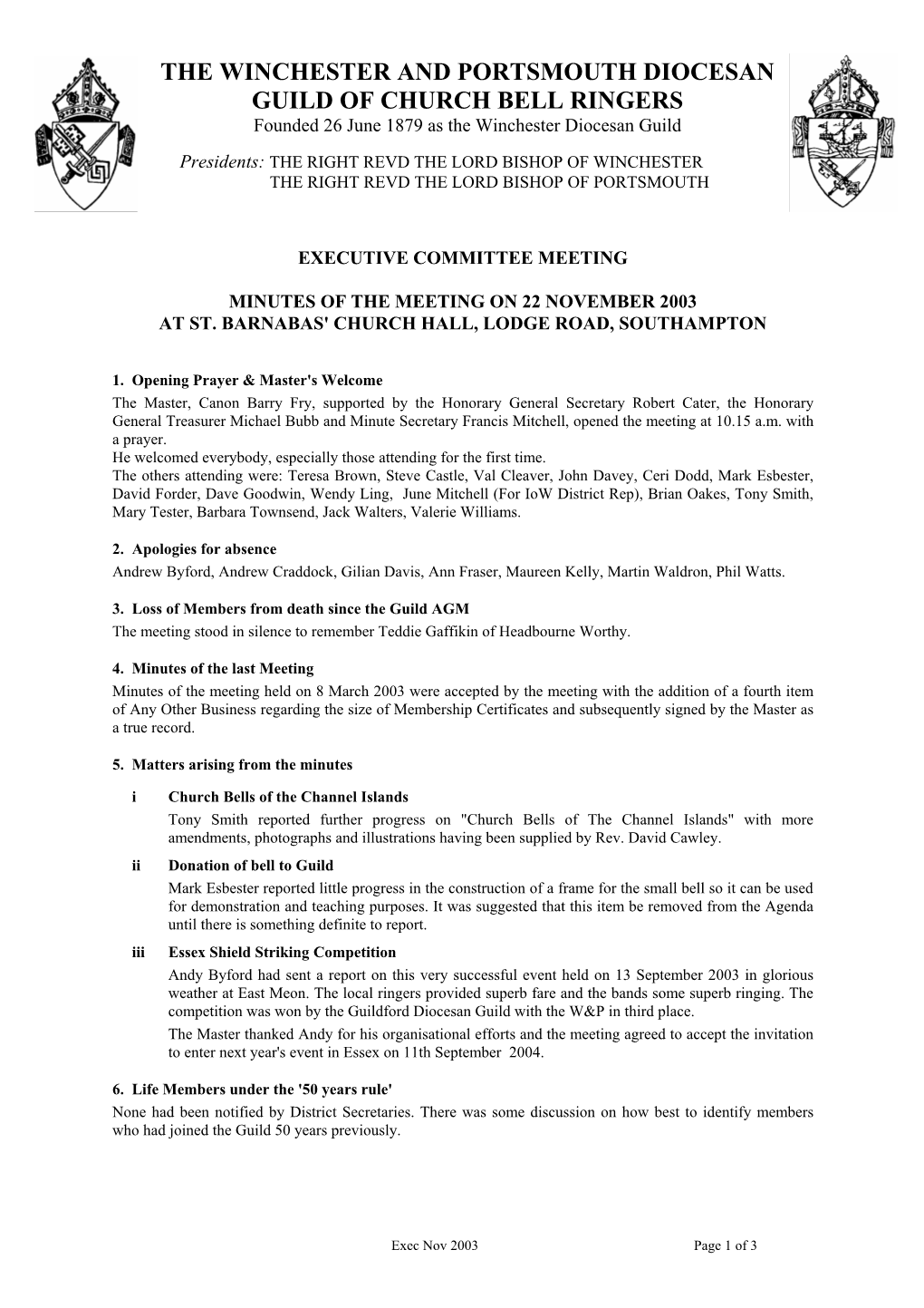 THE WINCHESTER and PORTSMOUTH DIOCESAN GUILD of CHURCH BELL RINGERS Founded 26 June 1879 As the Winchester Diocesan Guild