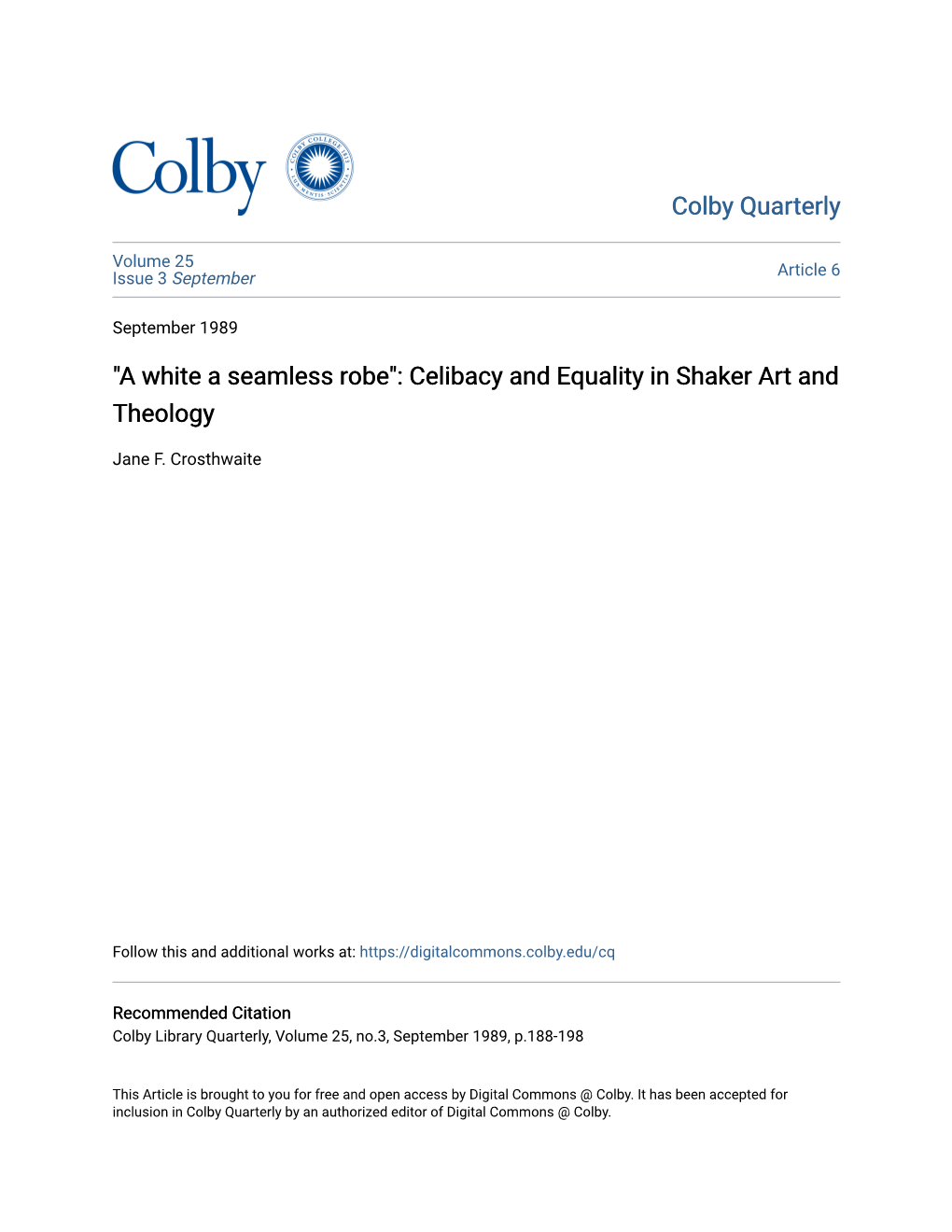 Celibacy and Equality in Shaker Art and Theology