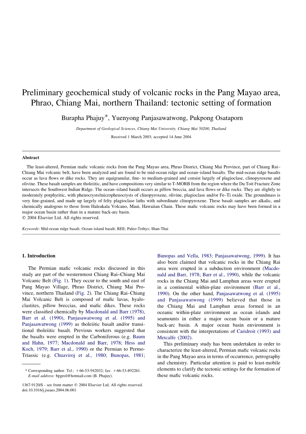 Preliminary Geochemical Study of Volcanic Rocks in the Pang Mayao Area, Phrao, Chiang Mai, Northern Thailand: Tectonic Setting of Formation