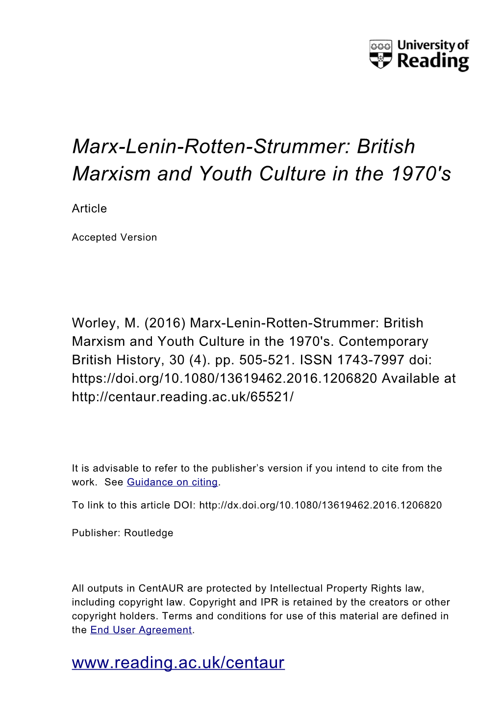 Marx-Lenin-Rotten-Strummer: British Marxism and Youth Culture in the 1970'S