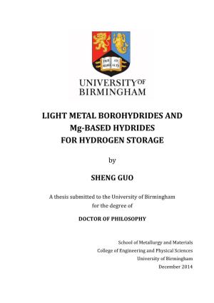 LIGHT METAL BOROHYDRIDES and Mg-BASED HYDRIDES for HYDROGEN STORAGE