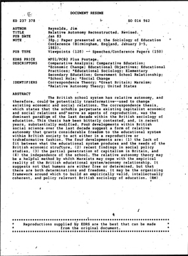 Relative Autonomy Reconstructed. Revised. PUB DATE Jan 83 NOTE 38P.; Paper Presented at the Sociology of Education Conference (Birmingham, England, January 3-5, 1983)