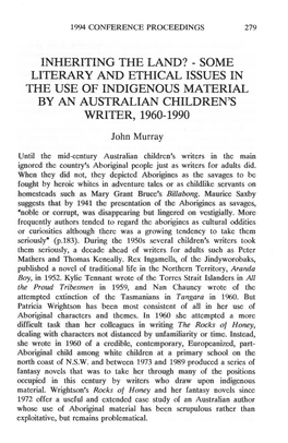 Some Literary and Ethical Issues in the Use of Indigenous Material by an Australian Children's Writer, 1960-1990