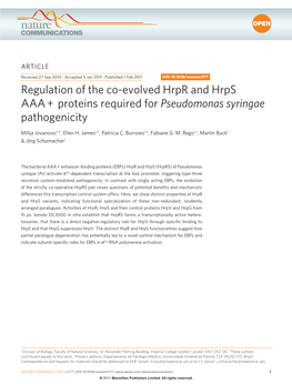 Regulation of the Co-Evolved Hrpr and Hrps AAA+ Proteins Required for Pseudomonas Syringae Pathogenicity