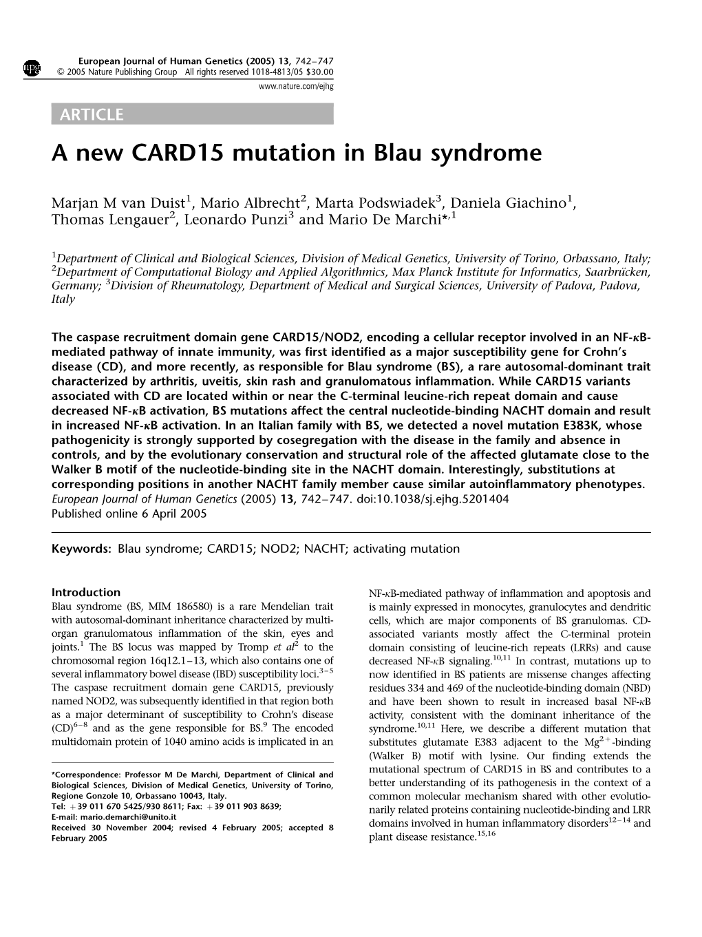 A New CARD15 Mutation in Blau Syndrome