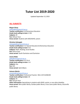 Tutor List 2019-2020