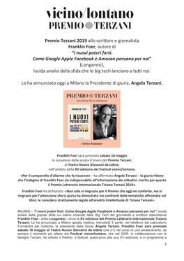 Premio Terzani 2019 Allo Scrittore E Giornalista Franklin Foer, Autore Di “I Nuovi Poteri Forti