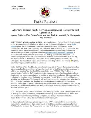 Attorneys General Frosh, Herring, Jennings, and Racine File Suit Against EPA Agency Failed to Hold Pennsylvania and New York Accountable for Chesapeake Bay Pollution