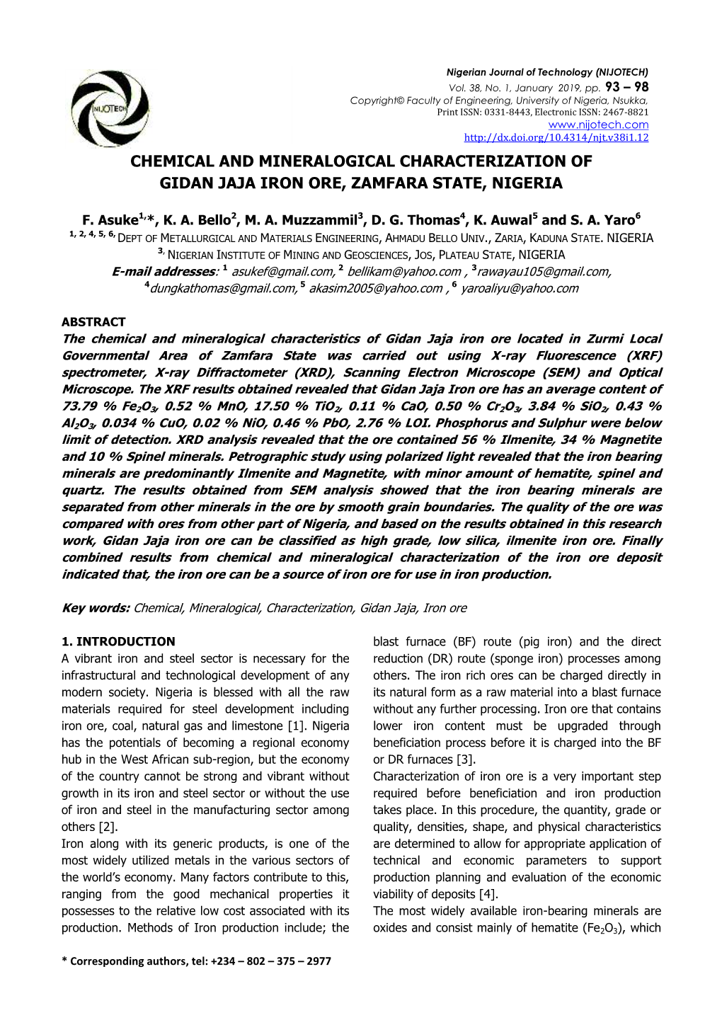Chemical and Mineralogical Characterization of Gidan Jaja Iron Ore, Zamfara State, Nigeria