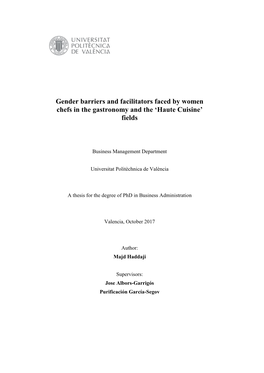 Gender Barriers and Facilitators Faced by Women Chefs in the Gastronomy and the ‘Haute Cuisine’ Fields