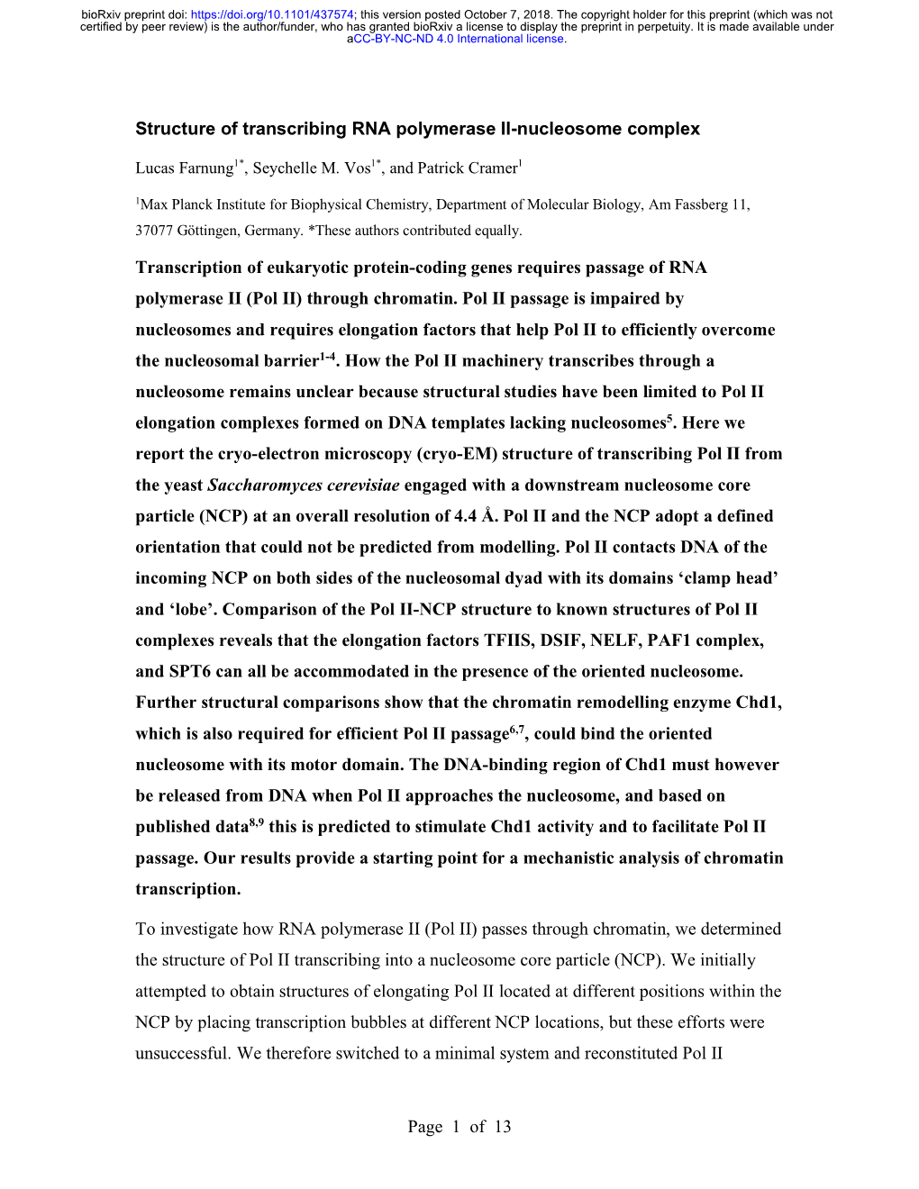 Of 13 Structure of Transcribing RNA Polymerase II-Nucleosome Complex