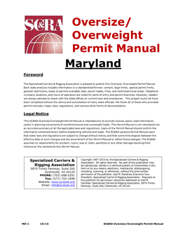 Maryland Oversize/ Overweight Permit Manual