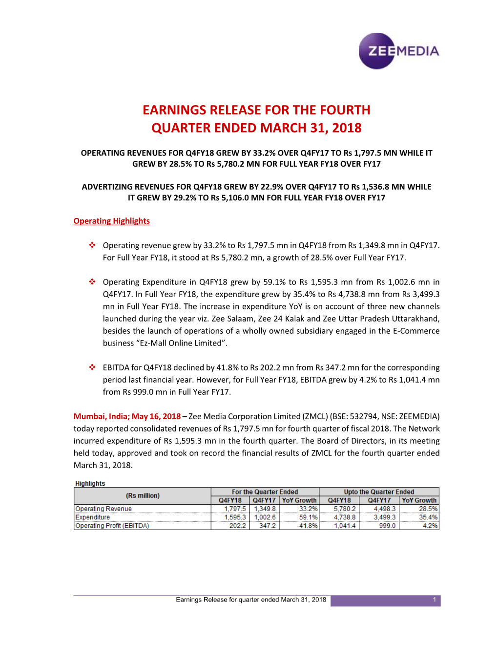 Earnings Release for the Fourth Quarter Ended March 31, 2018