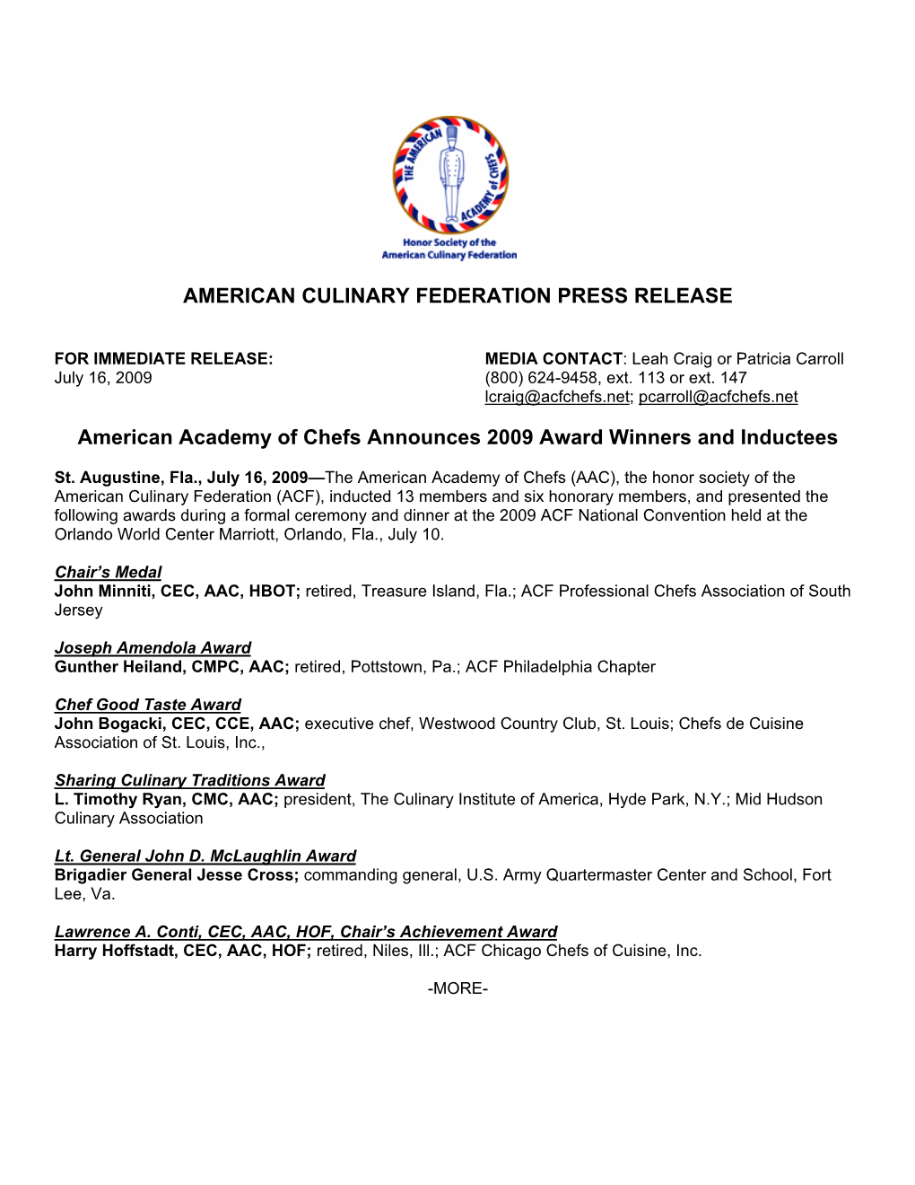 American Academy of Chefs Announces 2009 Award Winners and Inductees